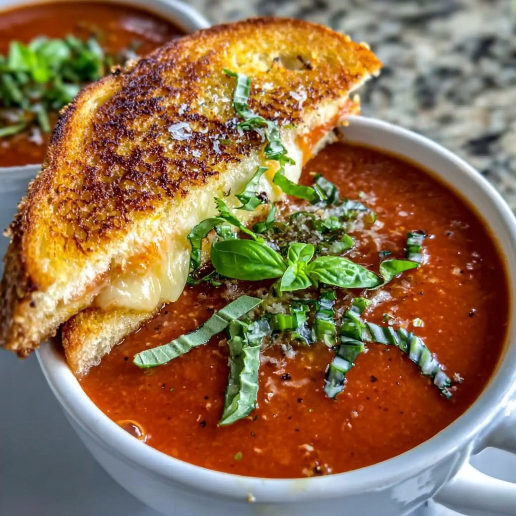 Cozy Tomato Basil Soup With Grilled Cheese